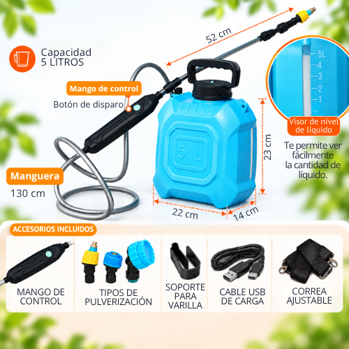 PULVERIZADOR ELÉCTRICO PORTÁTIL RECARGABLE DE 5 LITROS