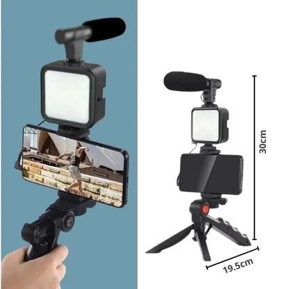 KIT DE GRABACION CON MICROFONO LINTERNA LED SOPORTE TRIPODE